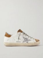 Superstar glittered distressed leather and suede sneakers