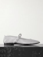 Metallic leather-trimmed mesh Mary Jane ballet flats