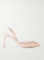 Crystal-embellished leather and tulle slingback pumps