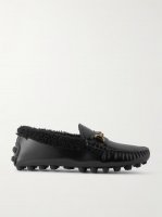 Gommino Macro embellished shearling-trimmed leather loafers