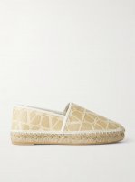 Leather-trimmed jacquard-woven raffia espadrilles