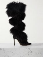 Faux fur-trimmed mesh and satin knee boots