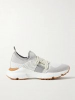 Leather-trimmed stretch-knit slip-on sneakers