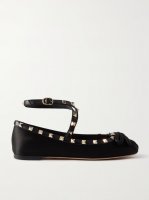 Rockstud leather-trimmed satin ballet flats