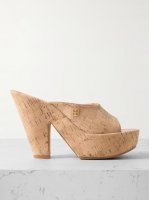 Doll embellished faux cork platform mules