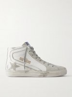 Slide distressed suede and leather high-top sneakers