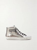 Slide distressed suede-trimmed leather and Lurex high-top sneakers