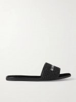 4G leather-trimmed embroidered raffia slides