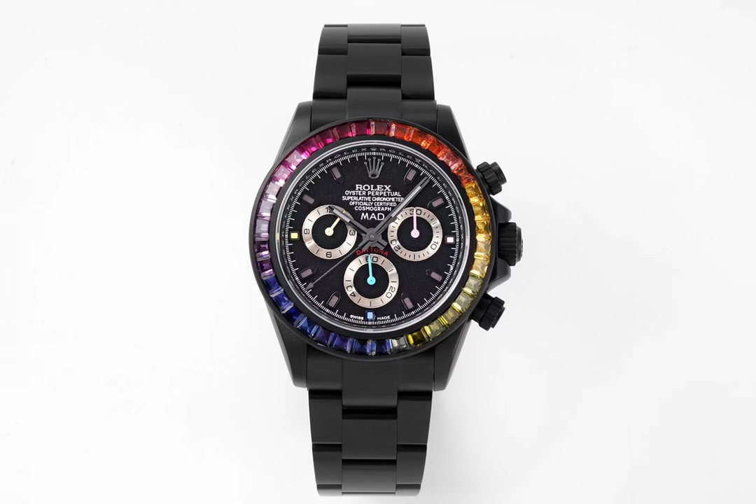 Black Dial Rainbow Gem Bezel Steel Bracelet Automatic Mechanical Watch