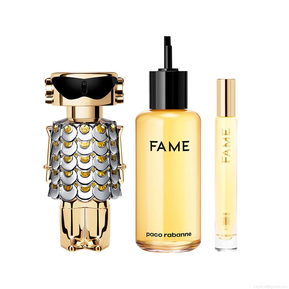 Kit Perfume Paco Rabanne Fame Eau de Parfum Feminino 10 ml + Perfume 200 ml Refil + Perfume 80 ml Regarregável