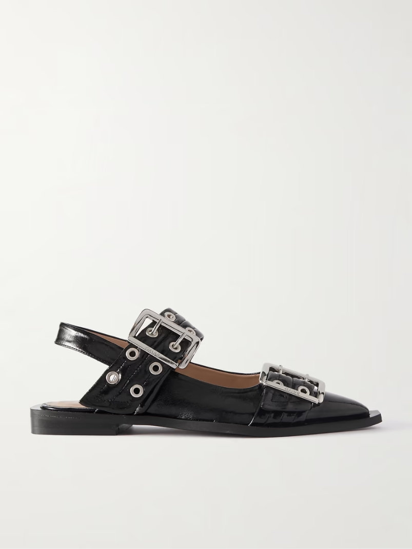 + NET SUSTAIN buckled eyelet-embellished recycled faux patent-leather ballet flats