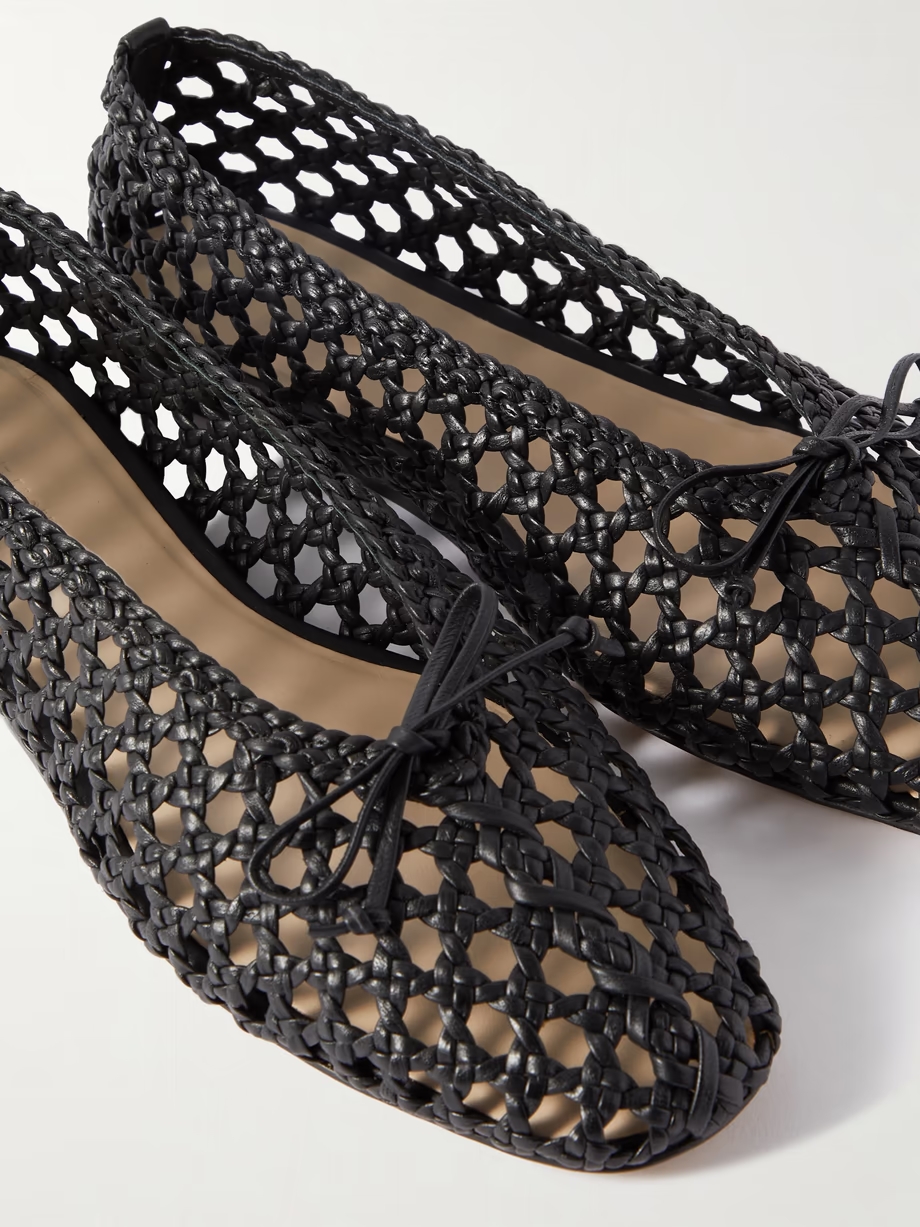 Regency bow-embellished woven leather ballet flats