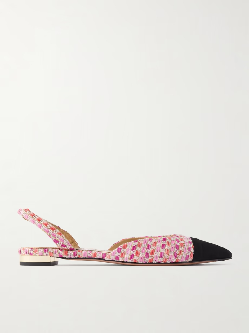 Milanese grosgrain-trimmed raffia slingback flats