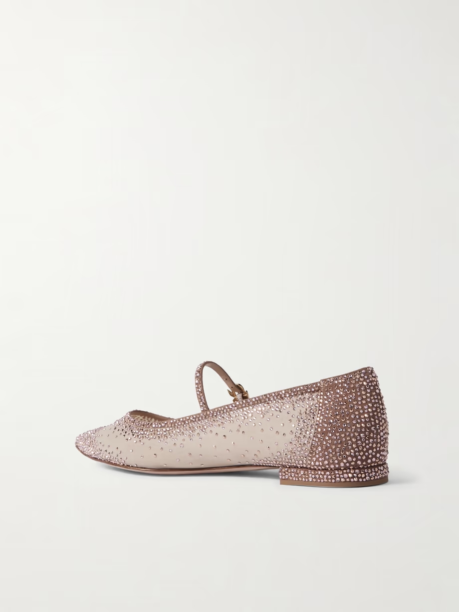 Crystal-embellished suede-trimmed organza ballet flats