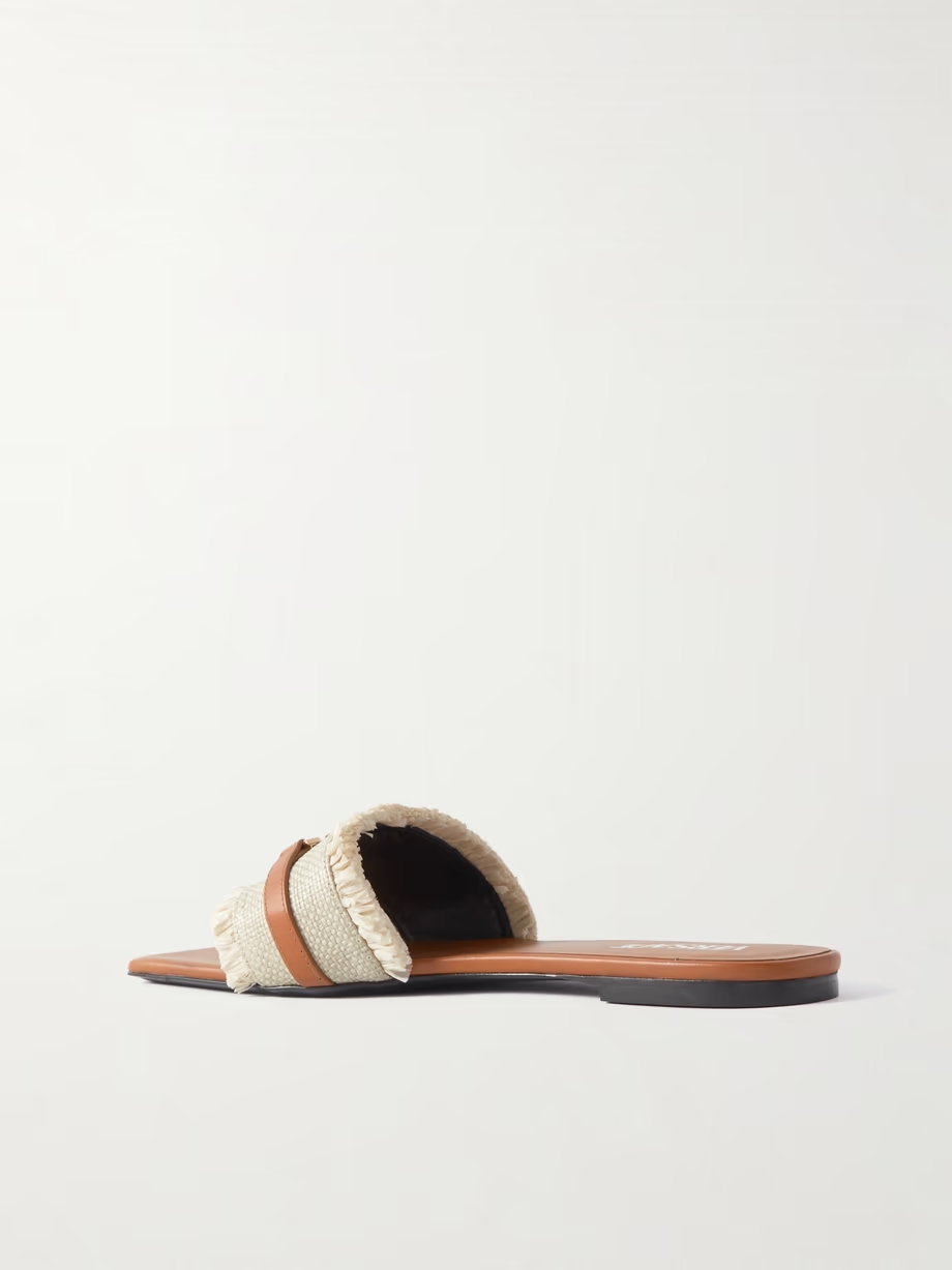 Embellished leather-trimmed raffia mules