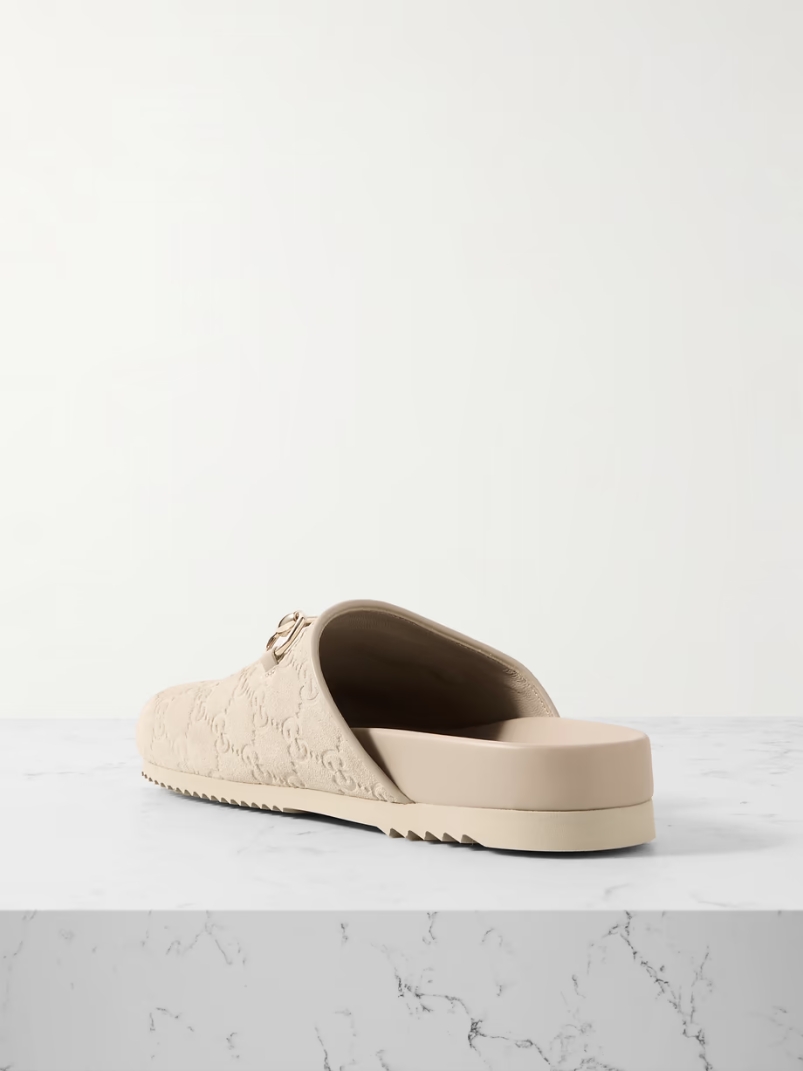 Sol horsebit-detailed debossed leather-trimmed suede slippers