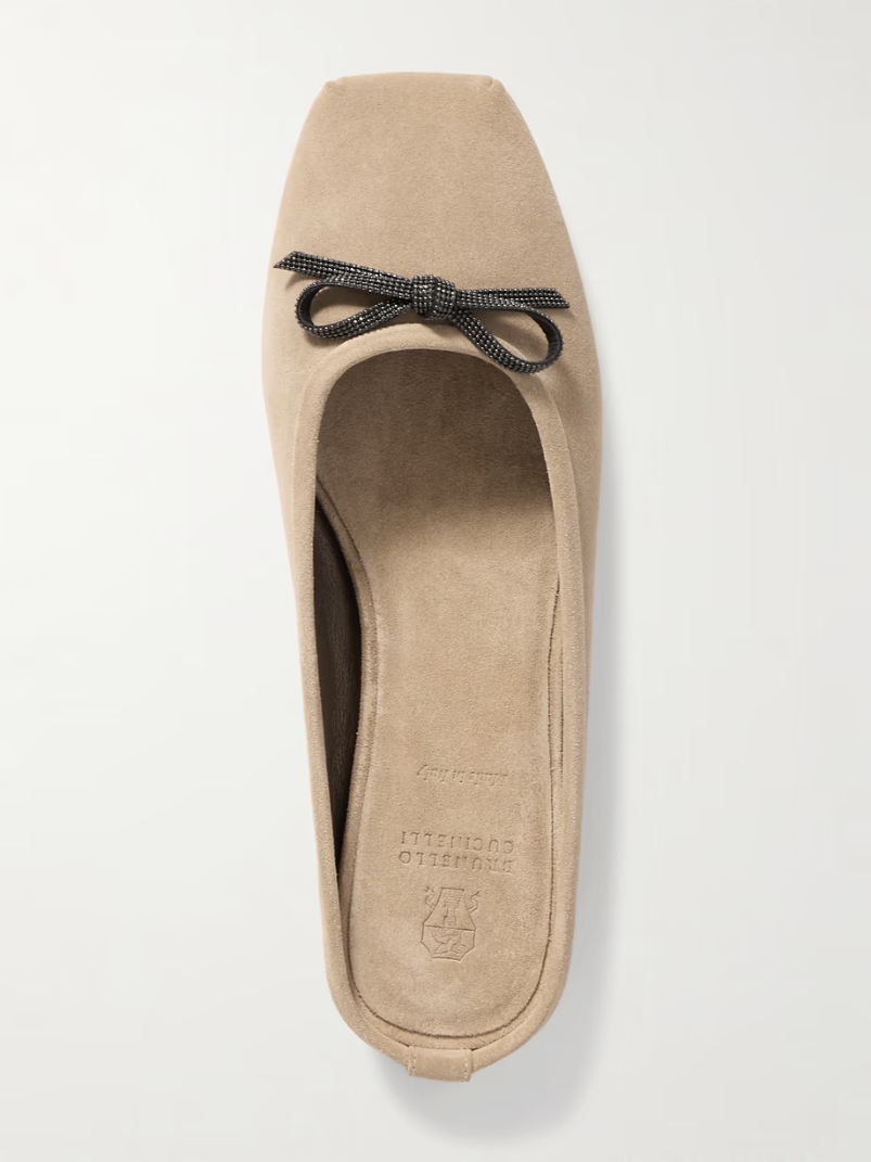 Bow-embellished suede slippers