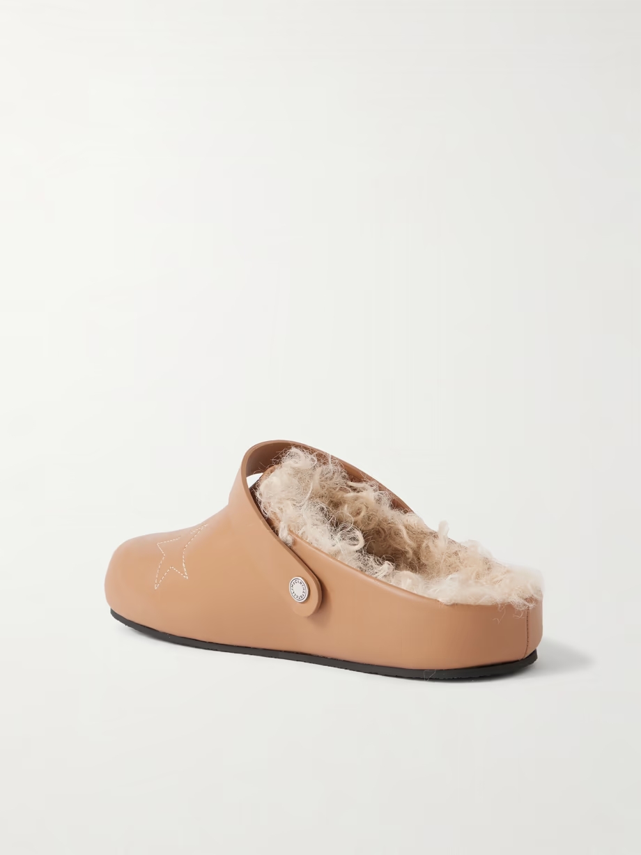 Elyse embroidered faux shearling-lined vegetarian leather mules