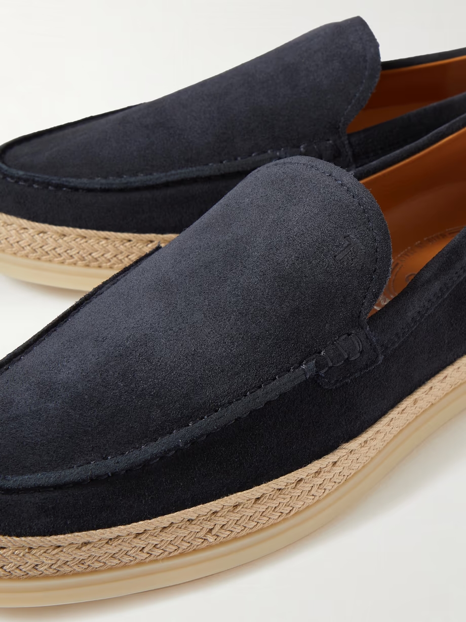 Raffia-trimmed suede loafers