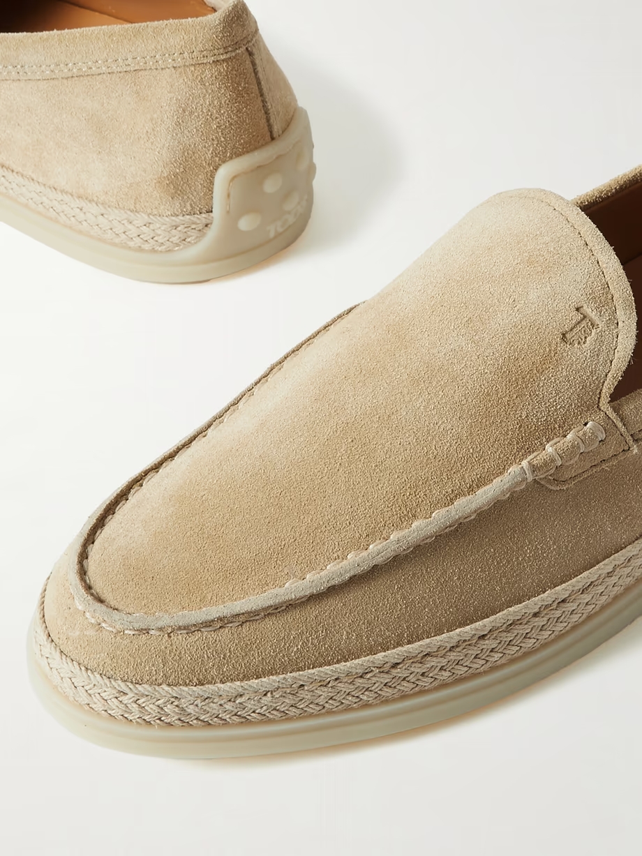 Raffia-trimmed suede loafers