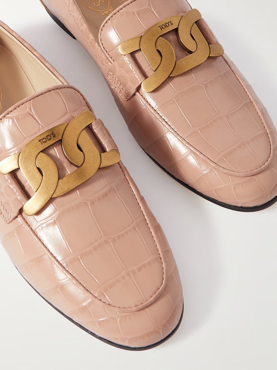 Embellished croc-effect leather loafers