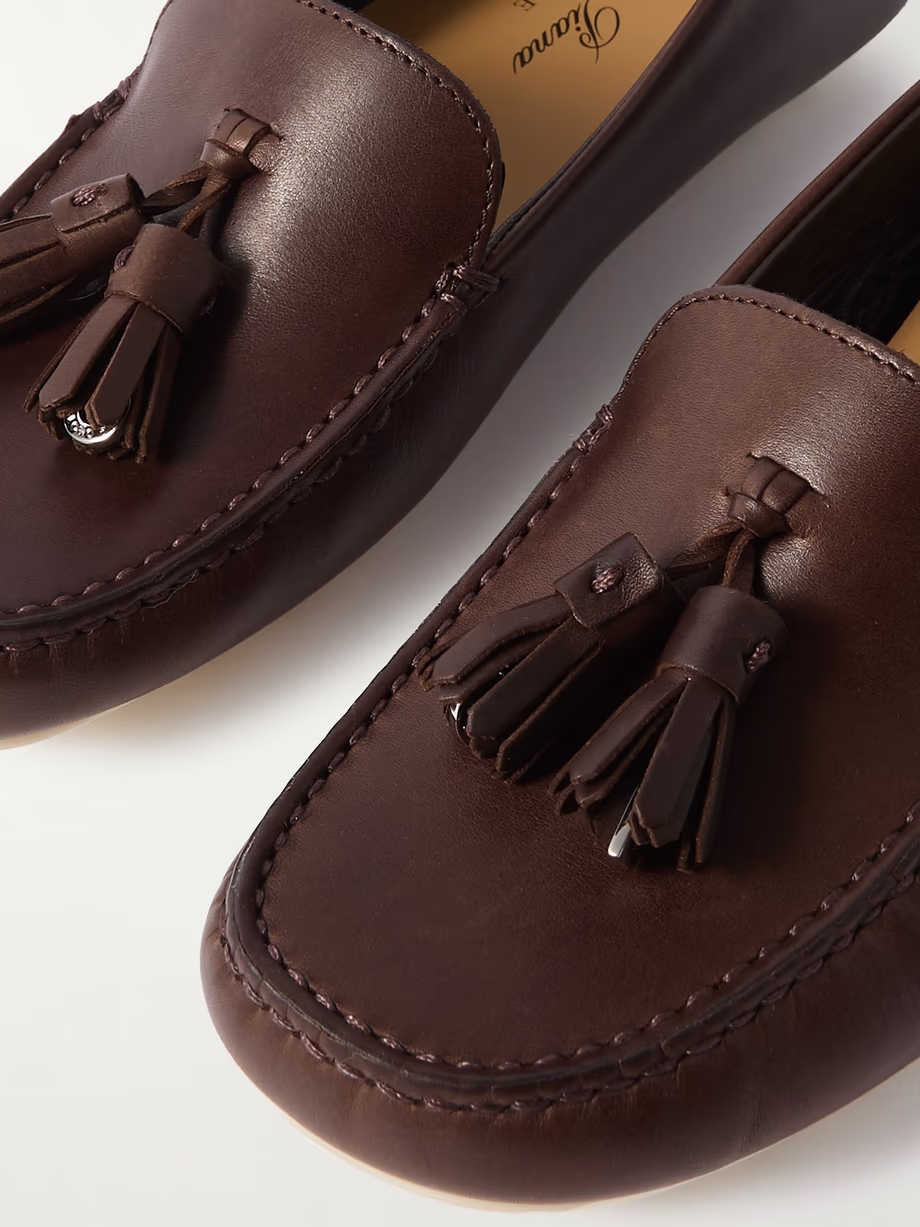 Tasseled leather collapsible-heel loafers