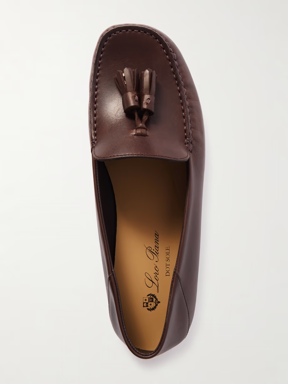 Tasseled leather collapsible-heel loafers