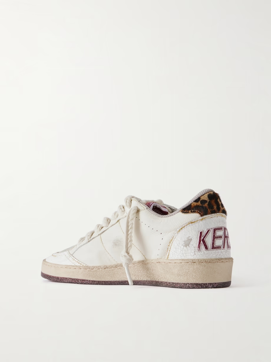 Ballstar calf hair-trimmed distressed leather and suede sneakers