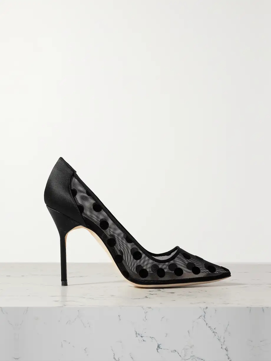 BBLA 105 satin-trimmed polka-dot flocked mesh pumps