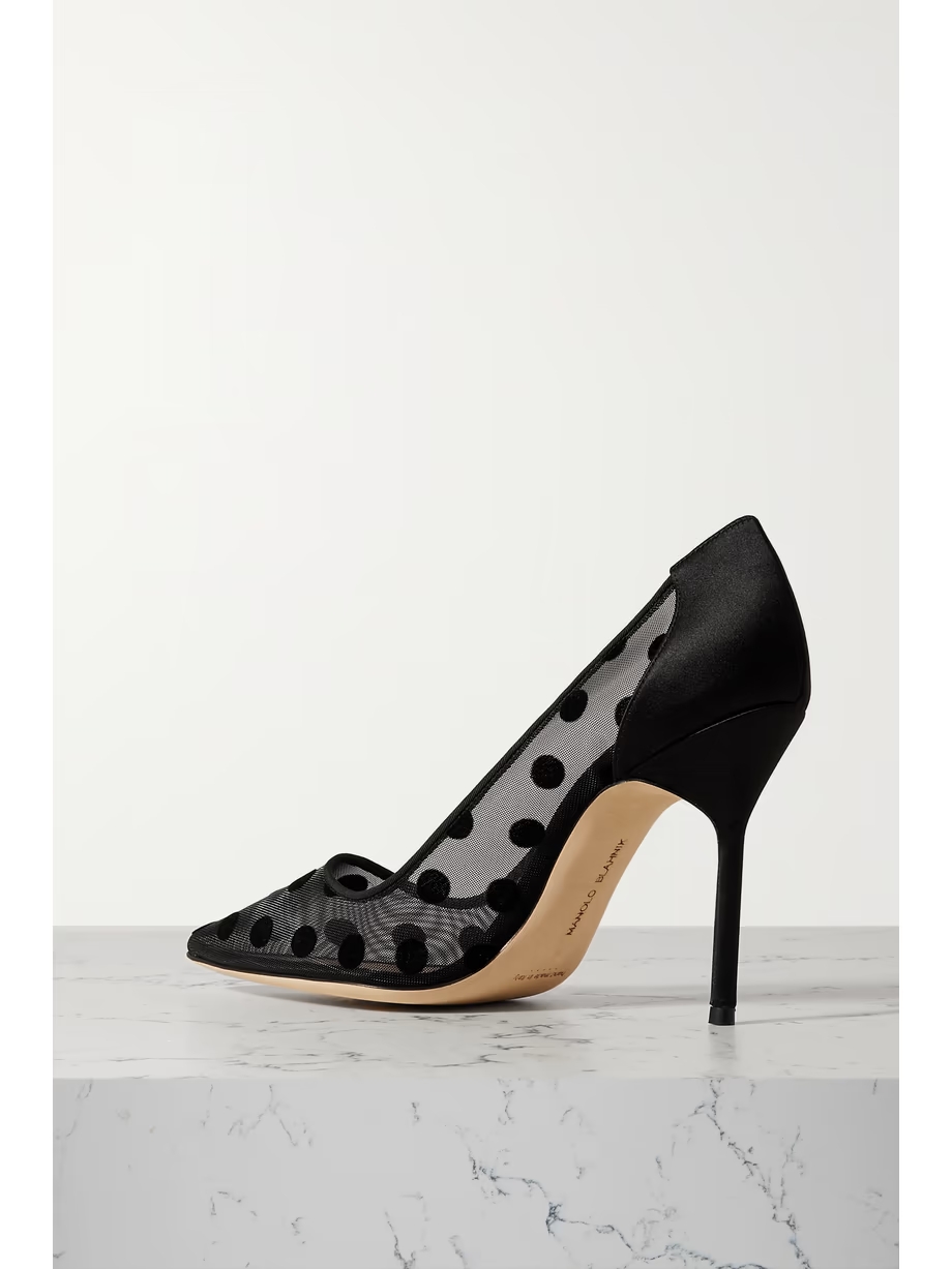 BBLA 105 satin-trimmed polka-dot flocked mesh pumps