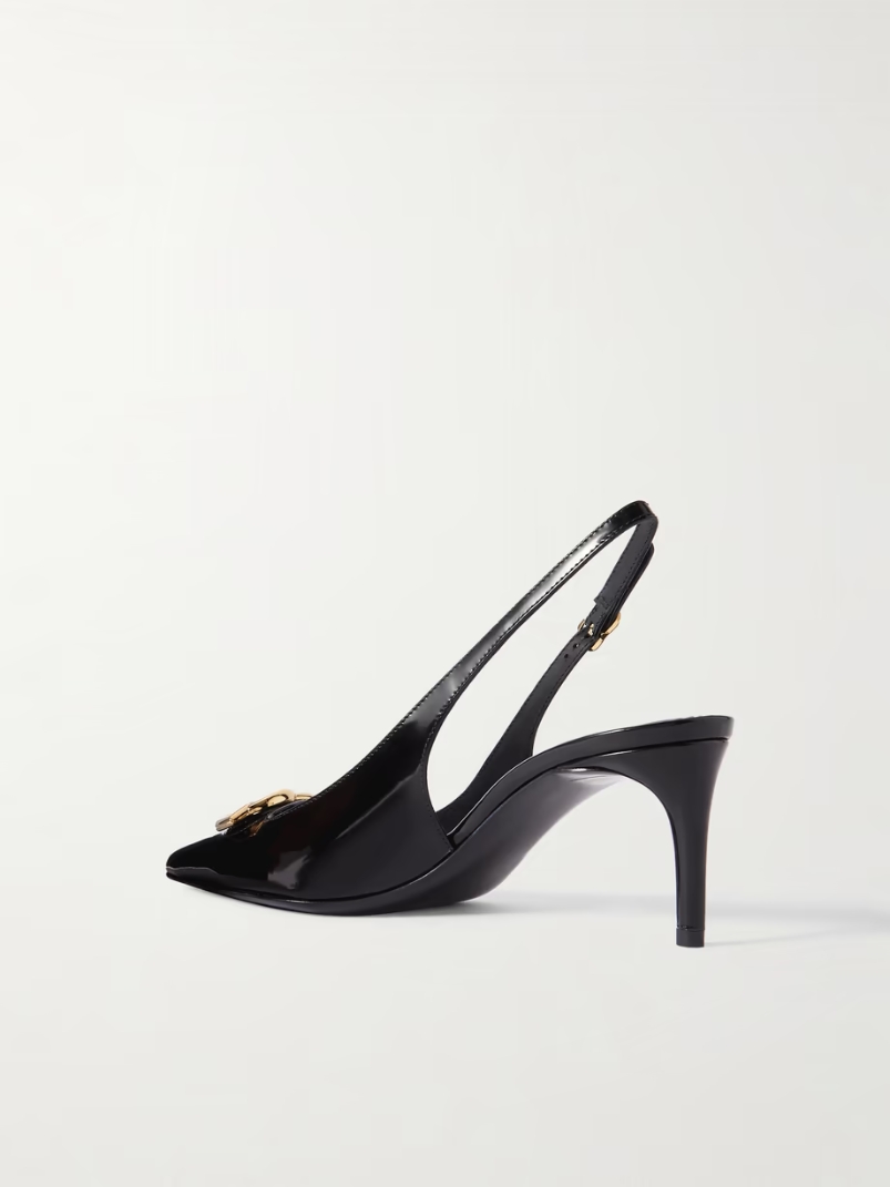 Formale appliquéd glossed-leather slingback pumps