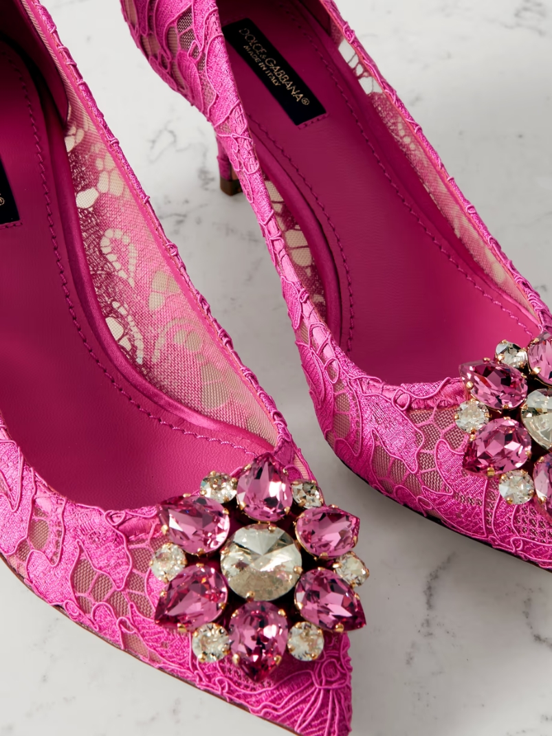 Crystal-embellished lace pumps