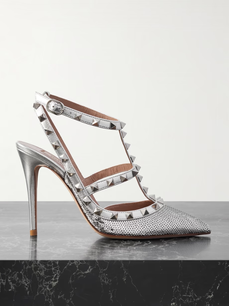 Rockstud 100 sequined metallic leather point-toe pumps