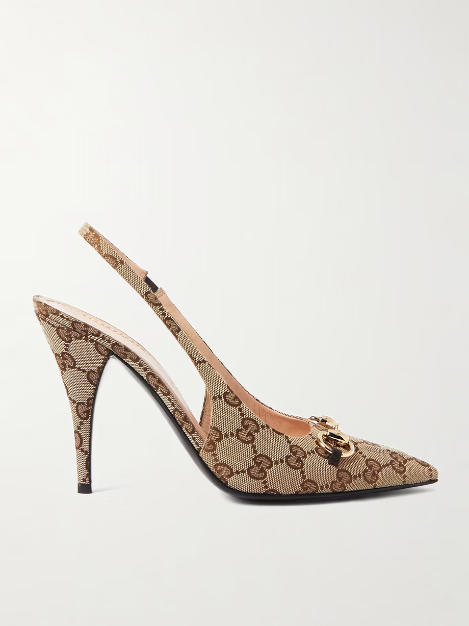 Erin horsebit-embellished canvas-jacquard slingback pumps