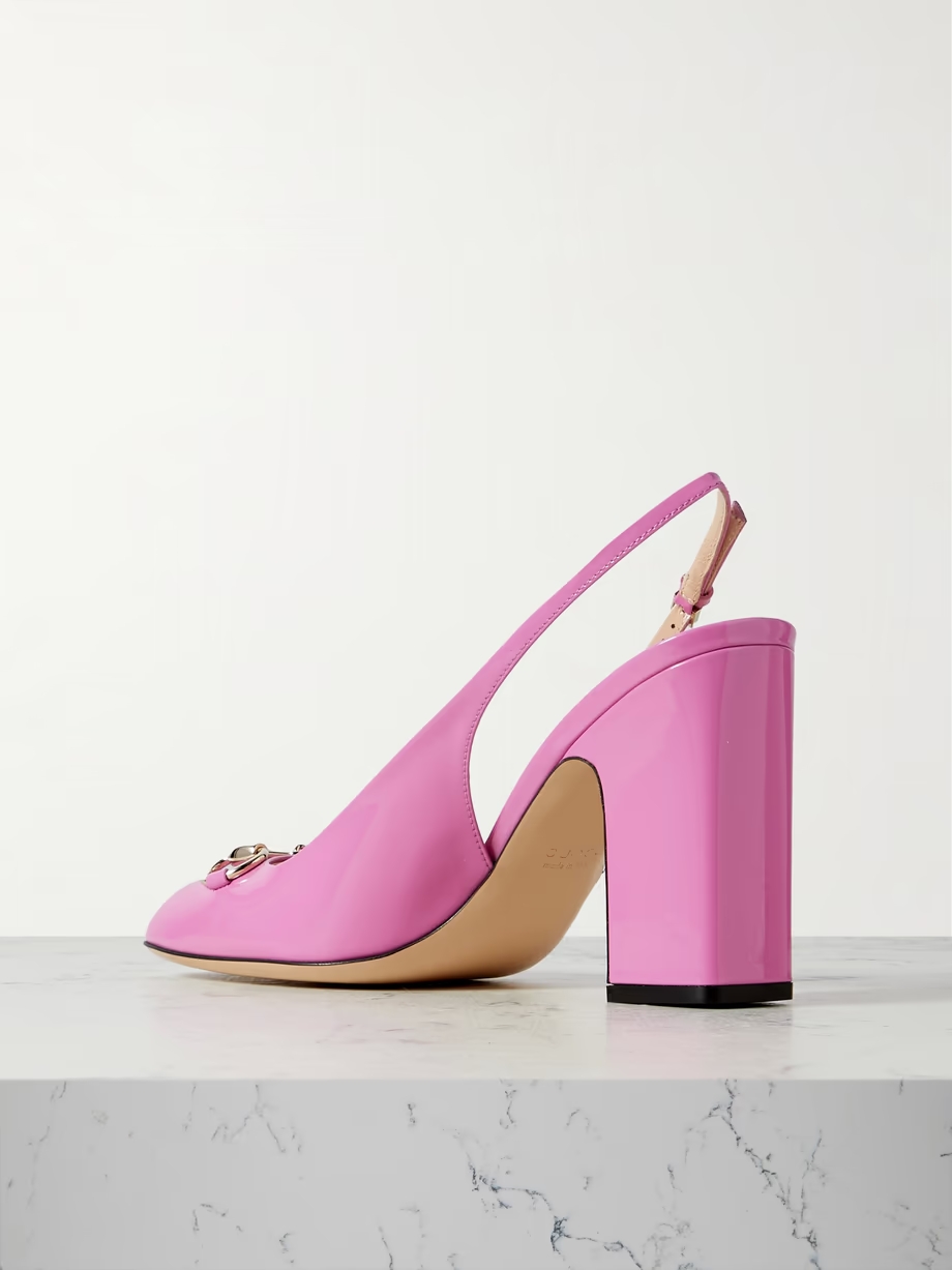 Lady horsebit-embellished patent-leather slingback pumps