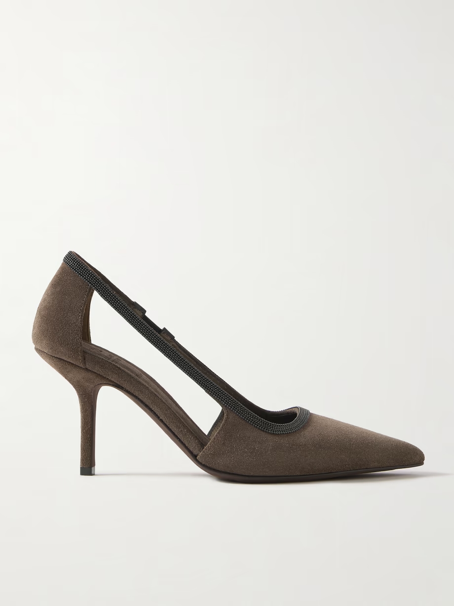 Cutout bead-embellished suede pumps