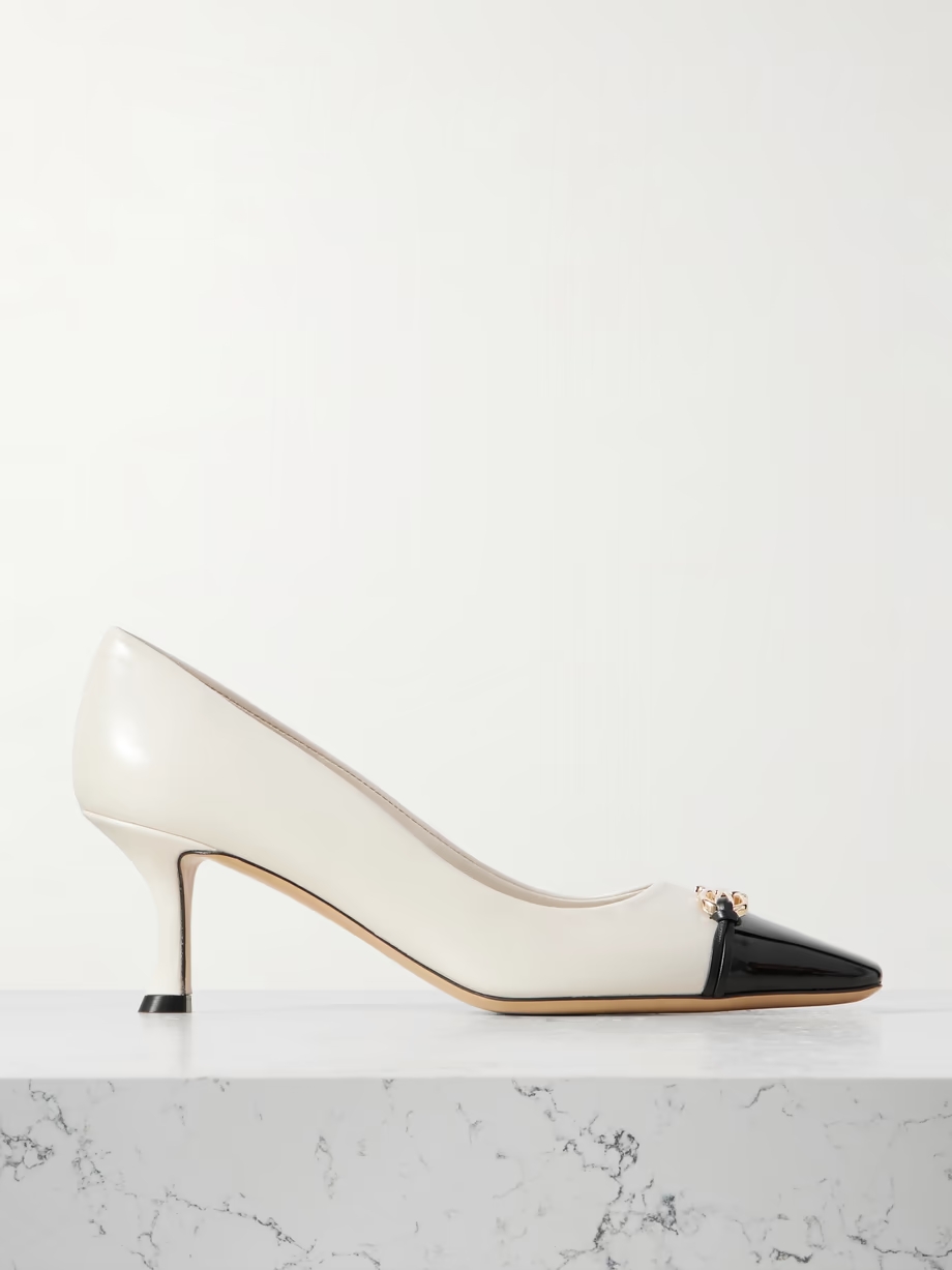 Bria embellished patent-leather trimmed smooth leather pumps