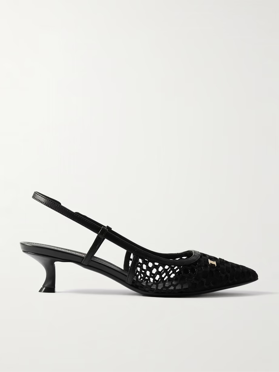 Klizia embellished grosgrain and leather-trimmed mesh slingback pumps