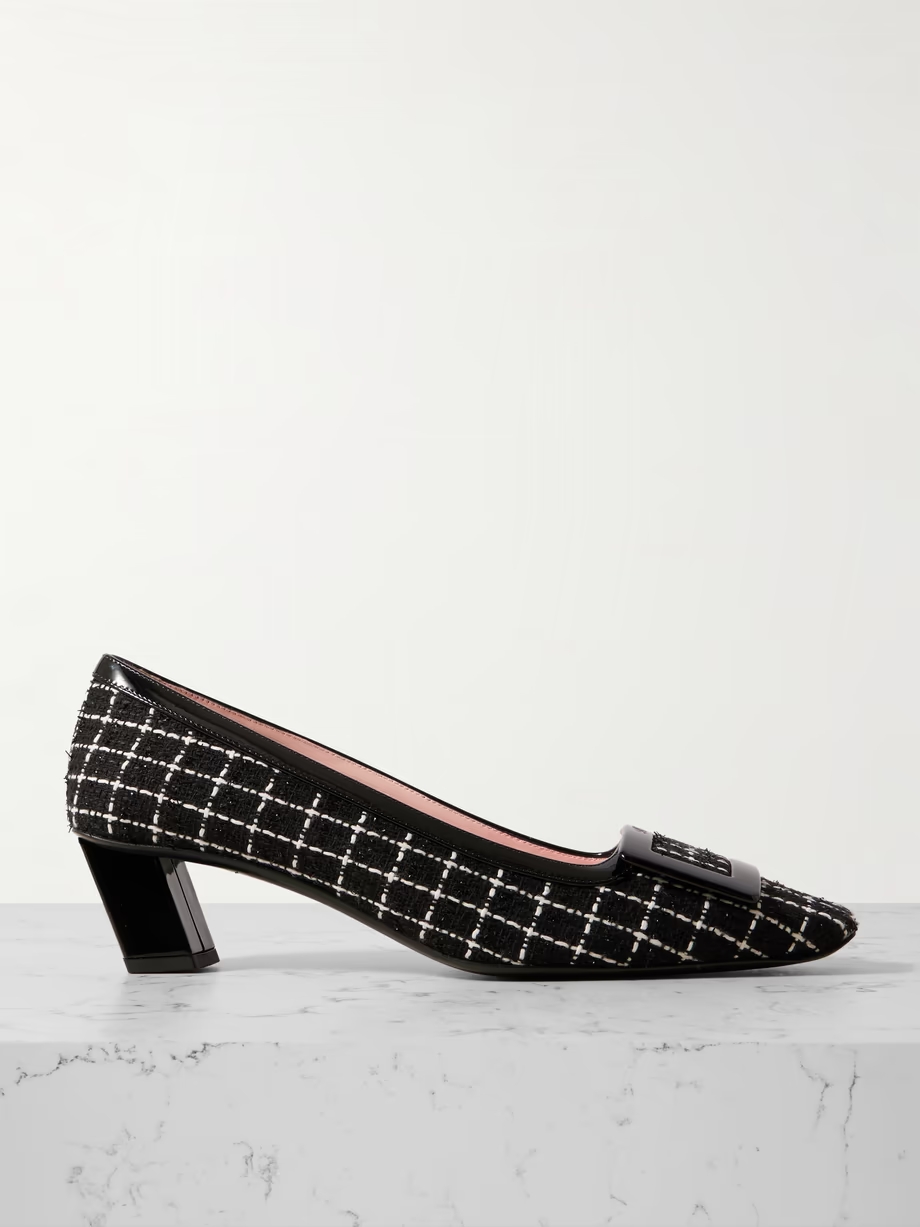 Belle Vivier patent leather-trimmed tweed pumps