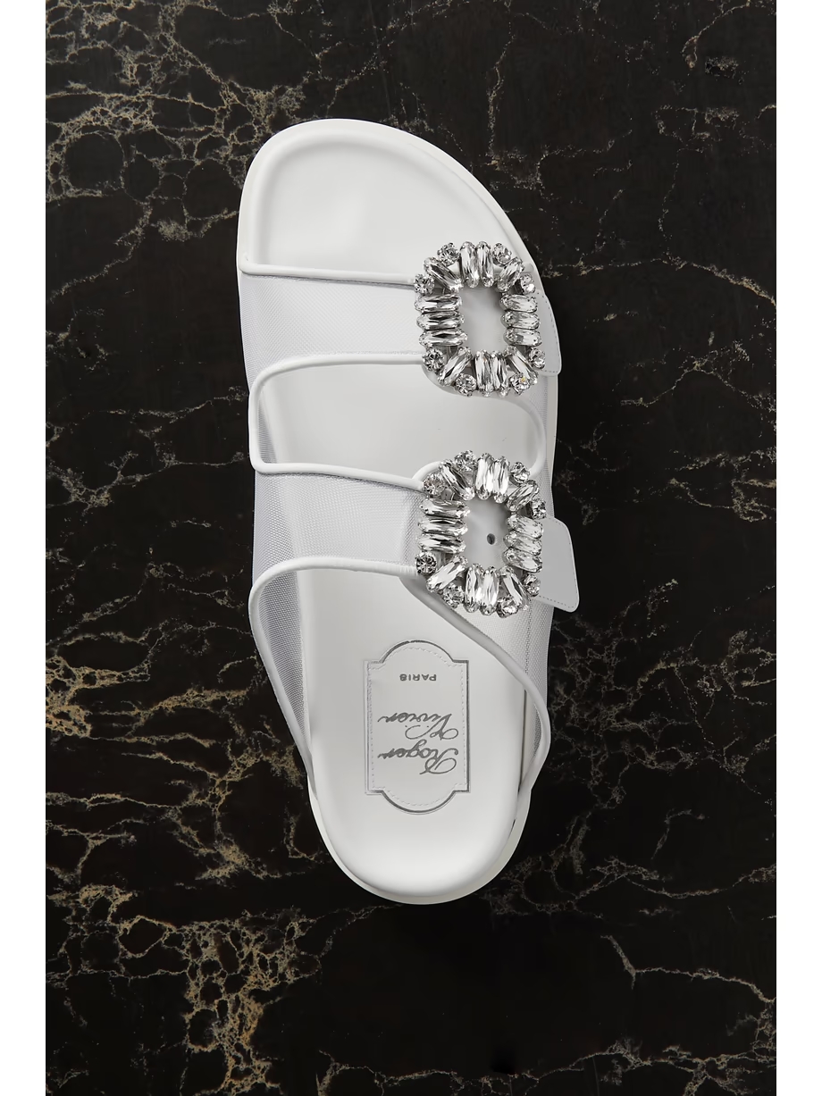 Slidy Viv crystal-embellished leather-trimmed mesh slides