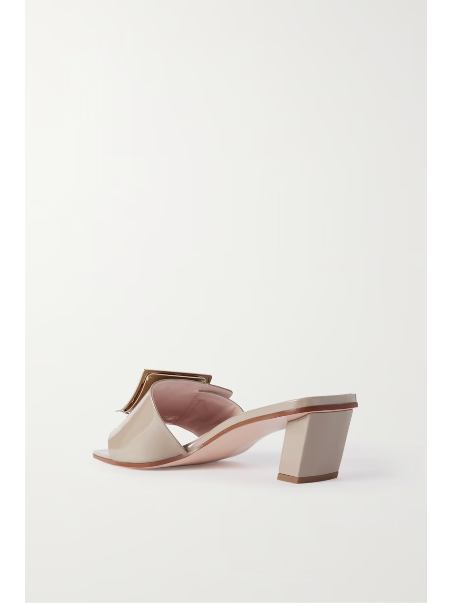 Love embellished patent-leather mules