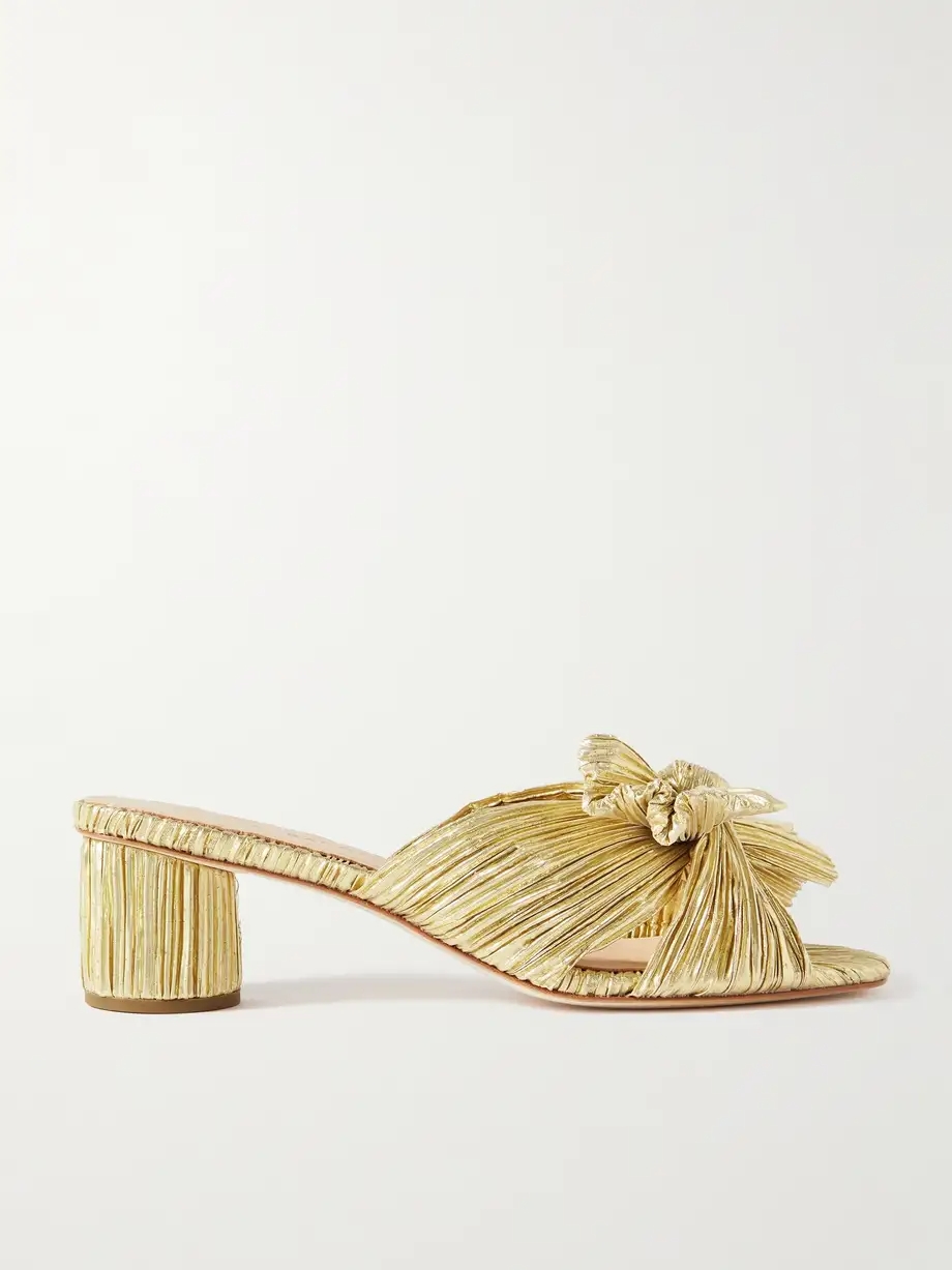 Emilia bow-embellished plissé-lamé mules