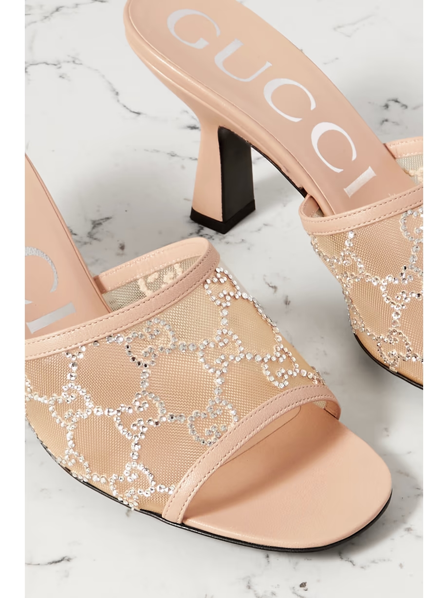 Demi leather-trimmed crystal-embellished mesh mules