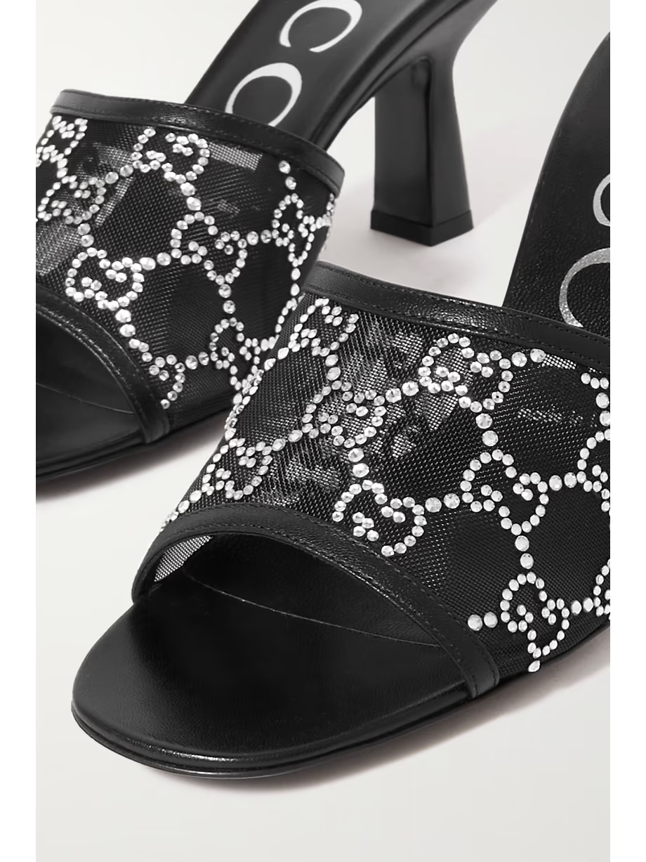 Demi leather-trimmed crystal-embellished mesh mules