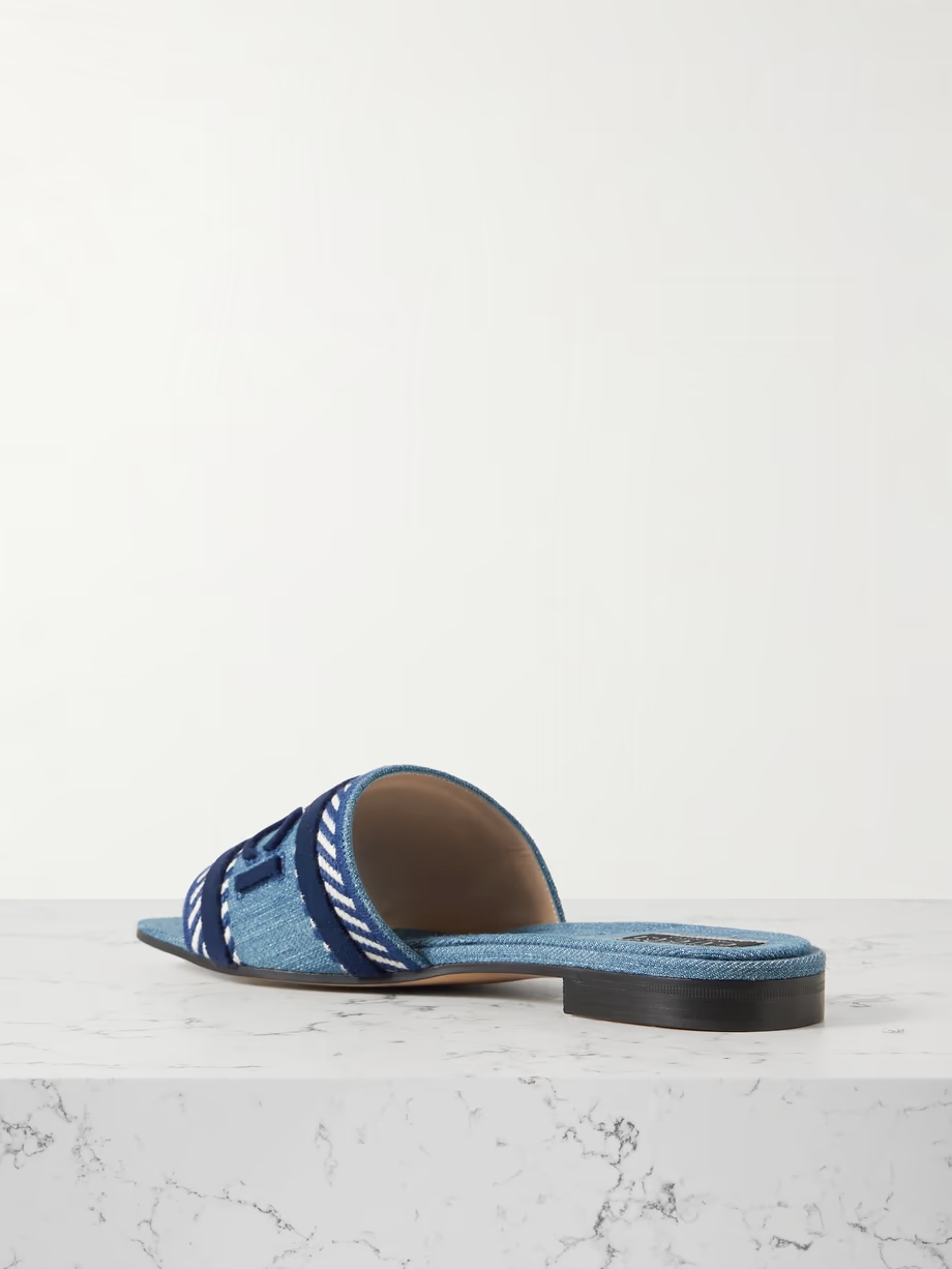 Jane velvet-trimmed embroidered denim slides