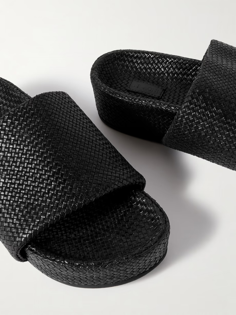 Woven leather platform slides