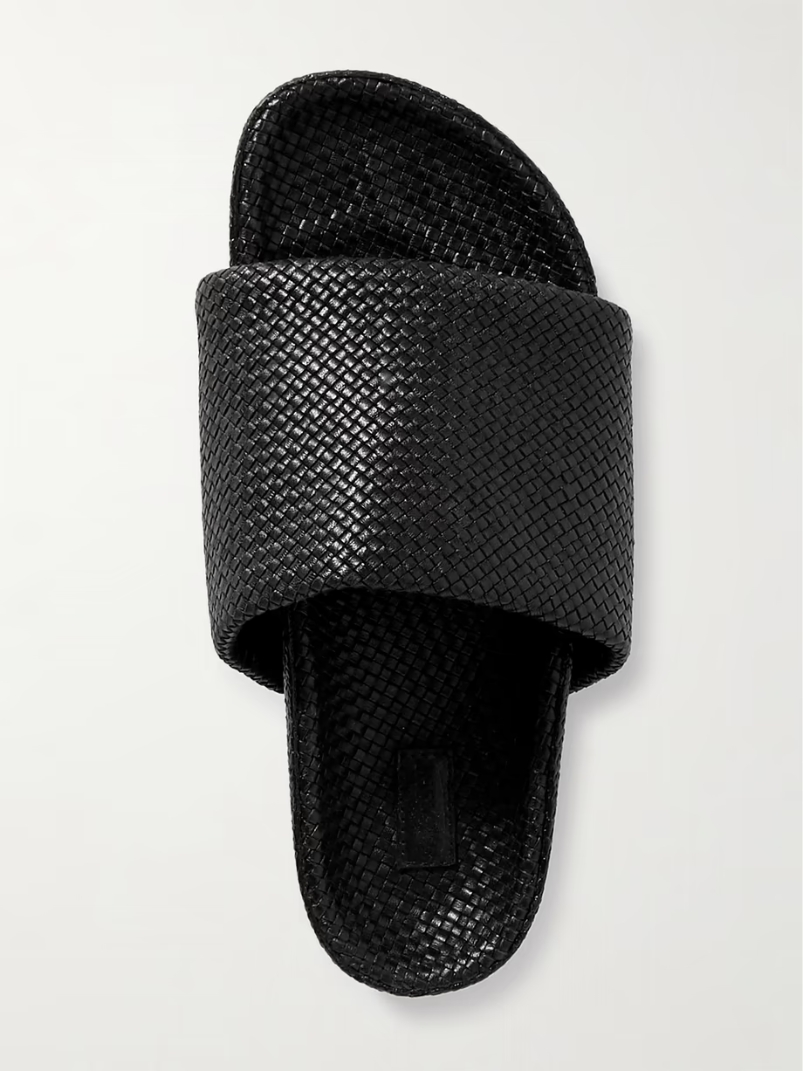 Woven leather platform slides