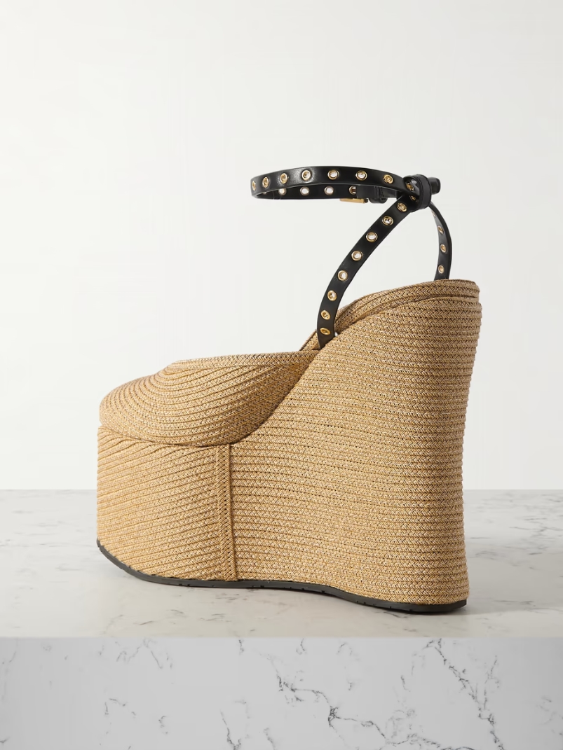 La Wedge 140 leather-trimmed raffia platform pumps