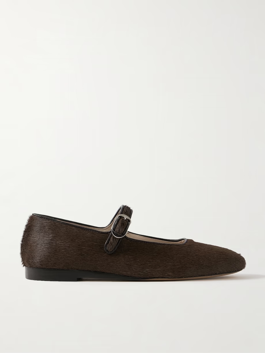 Leather-trimmed pony hair Mary Jane ballet flats