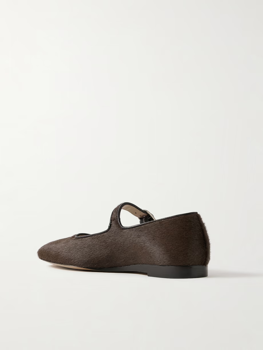 Leather-trimmed pony hair Mary Jane ballet flats